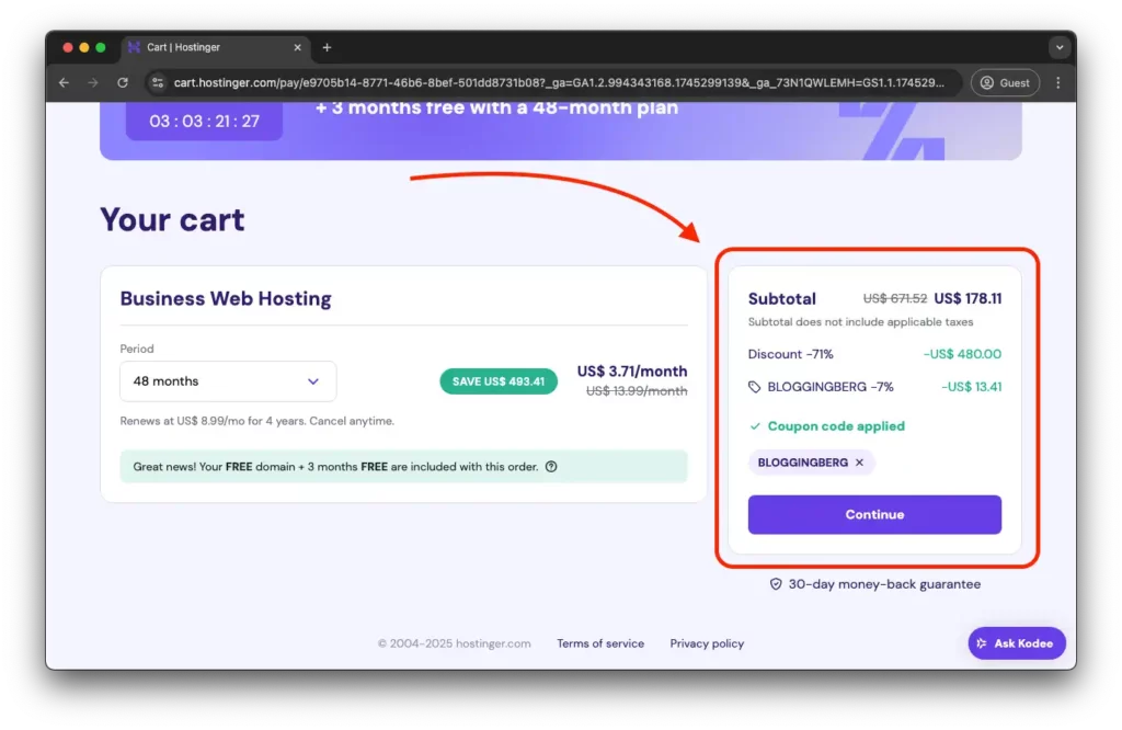 Image demonstrating the coupon code applied on Hostinger Business Plan, giving a 78% discount - Flat 71% discount from Hostinger company and extra 7% from the coupon code