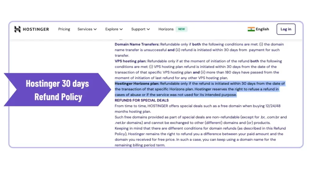 Hostinger 30 days Refund Policy says that the refund is initiated within 30 days from the date of the transaction.