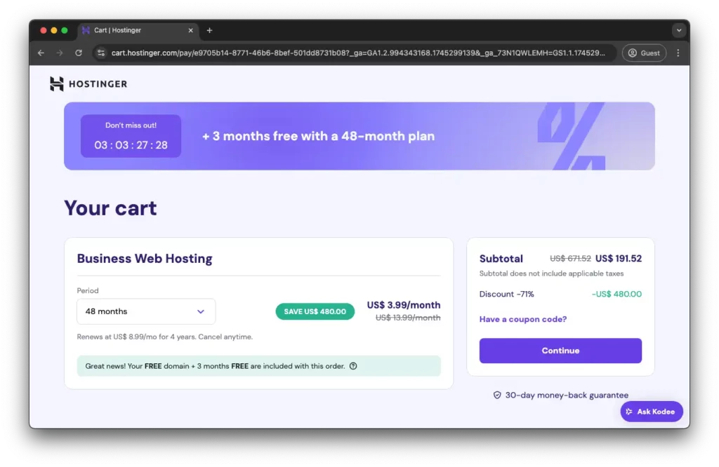 Choosing Hostinger Business Plan to demonstrate the discount using hostinger coupon code
