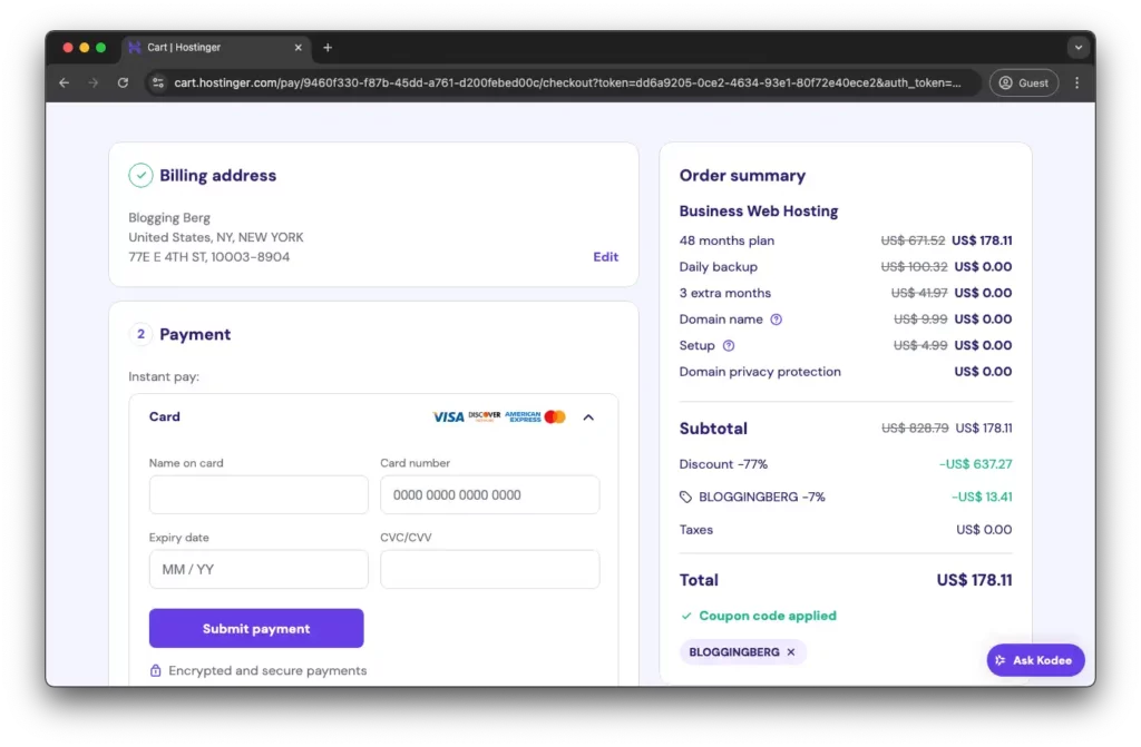 Payment Page of Hostinger Business Plan