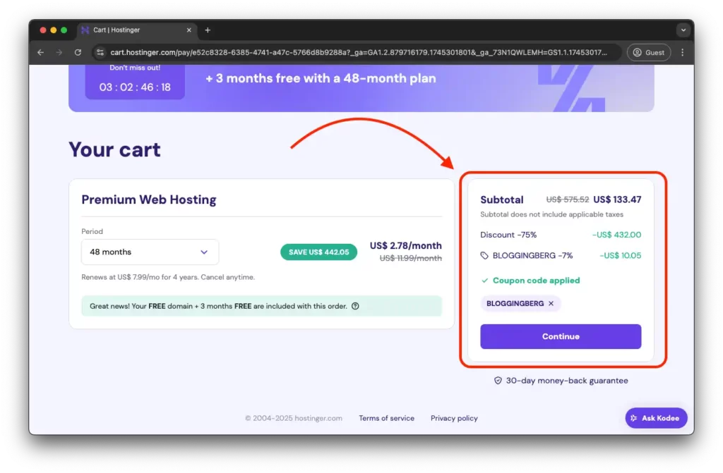 A 82% discount on Hostinger Premium Plan - Flat 75% through Hostinger Company and extra 7% through our coupon code